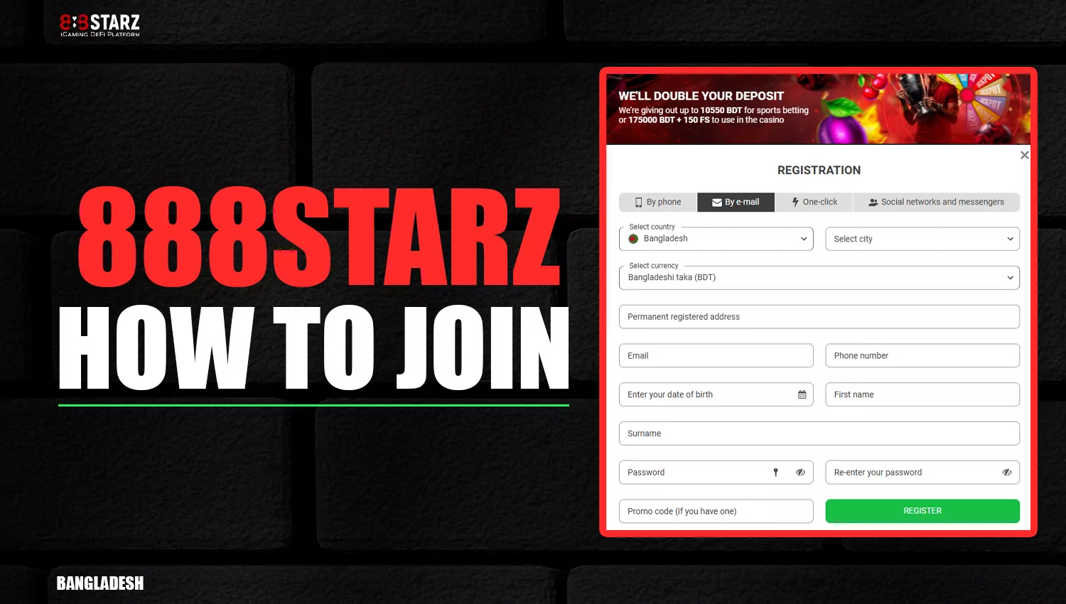 Registering on 888starz for users in Bangladesh.